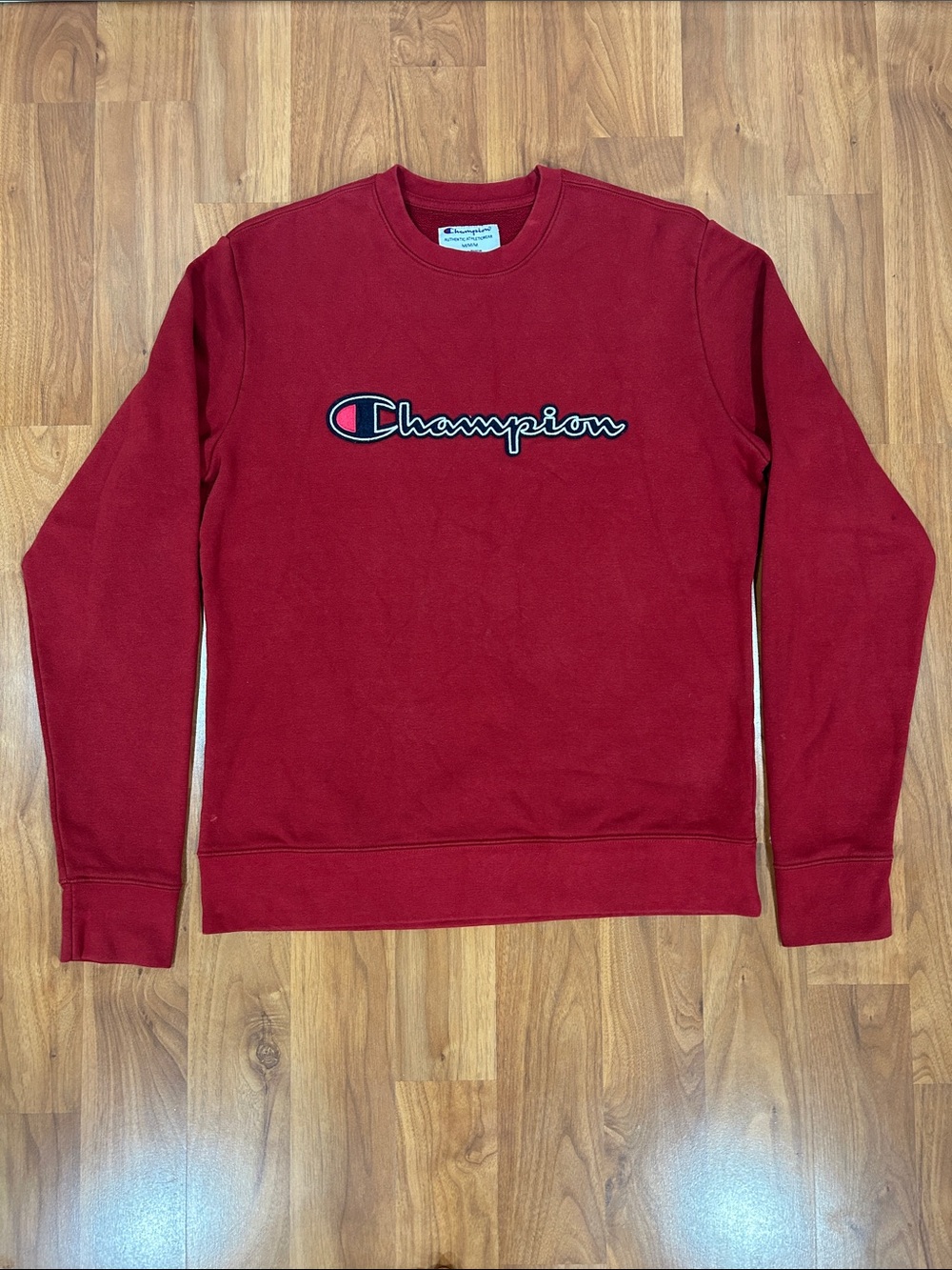 Champion Men's Deep Red Crewneck Sweatshirt with Script Logo